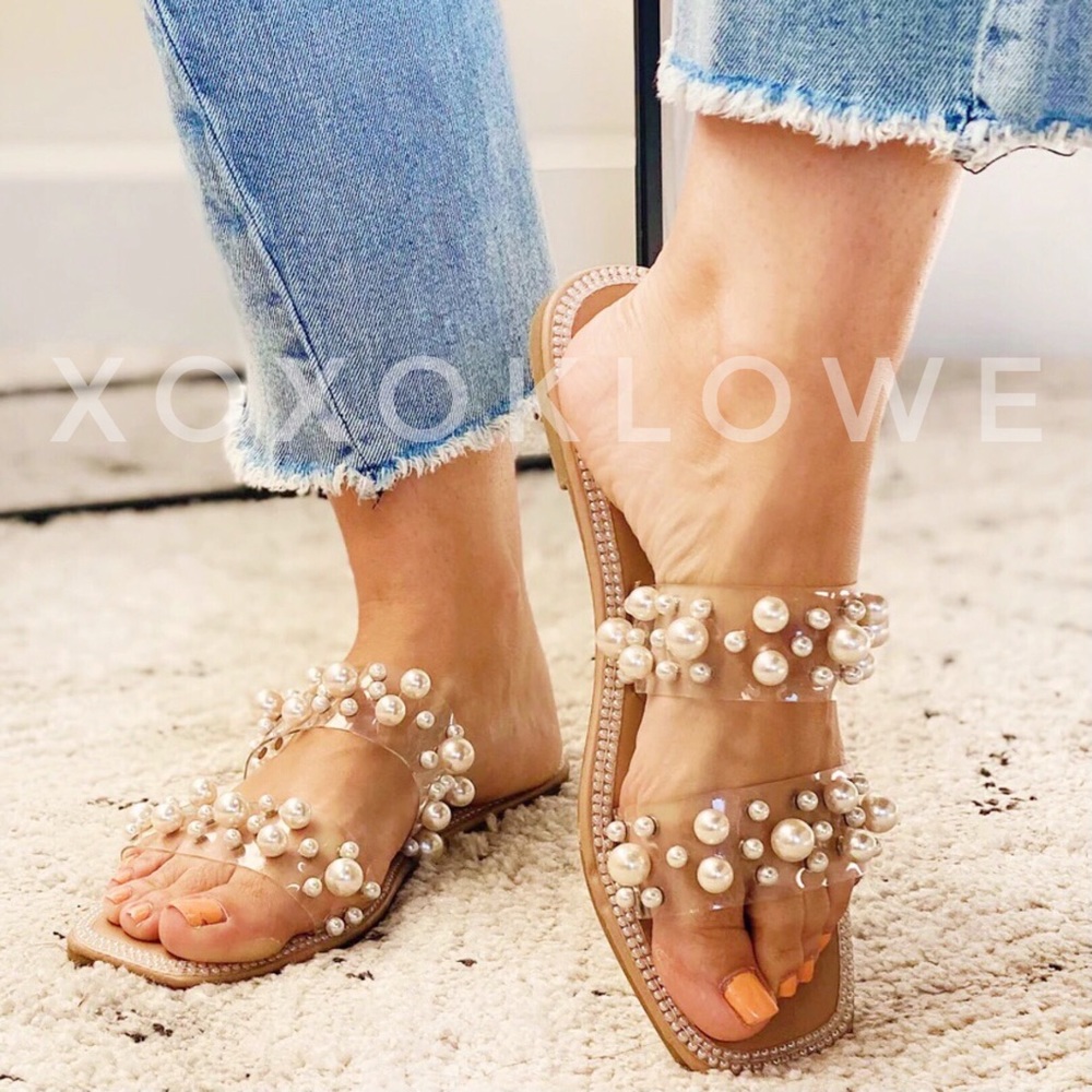 Pearl Embellished 2 Band Slide Sandals - Picture 8 of 8